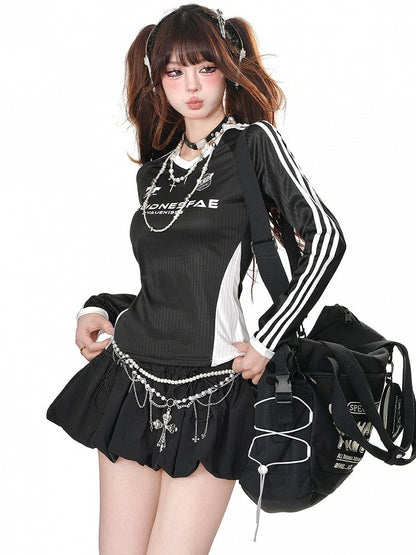 Pink/Black/Navy Blue Letters Print V-neck Striped Sports Top