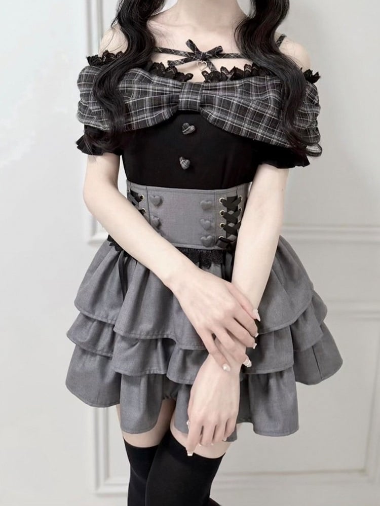 Black Plaid Lace Off-Shoulder Knit Tee - nekura