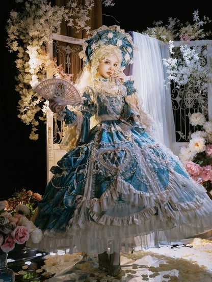 with Sleeves Sweetheart and Ruffle Layers Bell Applique Gorgeous Blue Gown Hime Lolita Beaded Lace