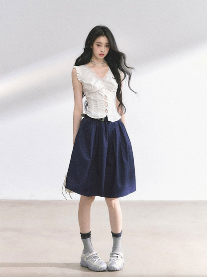 Lace White V-neck Cutout Details Patches Flutter Sleeves Top