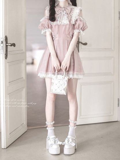 Cutout Neck Kei with Pink Lace Plaid Lace-up Dusty Jirai in Style White Shoulder Dress Details