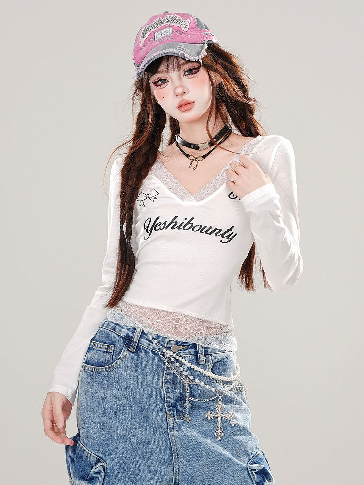 Weißes Spitzen-Patchwork-Oberteil mit V-Ausschnitt und langen Ärmeln