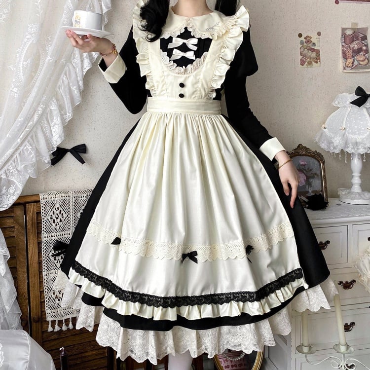 Schwarz-beiges Juliette-Ärmel-Dienstmädchen-Lolita-Set + Schürze