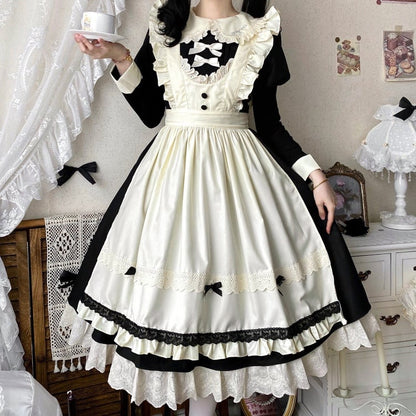 Schwarz-beiges Juliette-Ärmel-Dienstmädchen-Lolita-Set + Schürze
