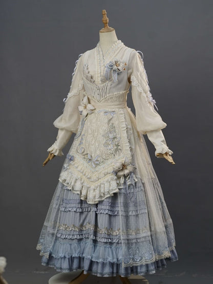 Blue Front Button Placket Lily Elegant Classic Lolita JSK Full Set Pink House