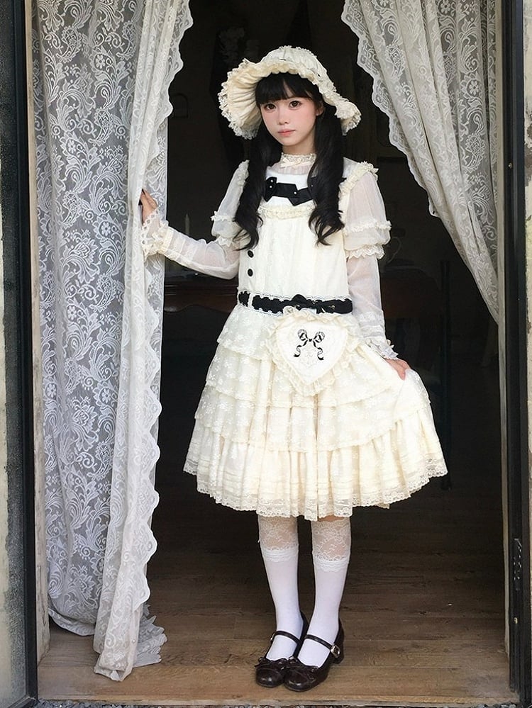 Timeless Beige & Black Lolita JSK Gown with Heart Waist Pouch and Delicate Lace - Miss Cube Dressworks