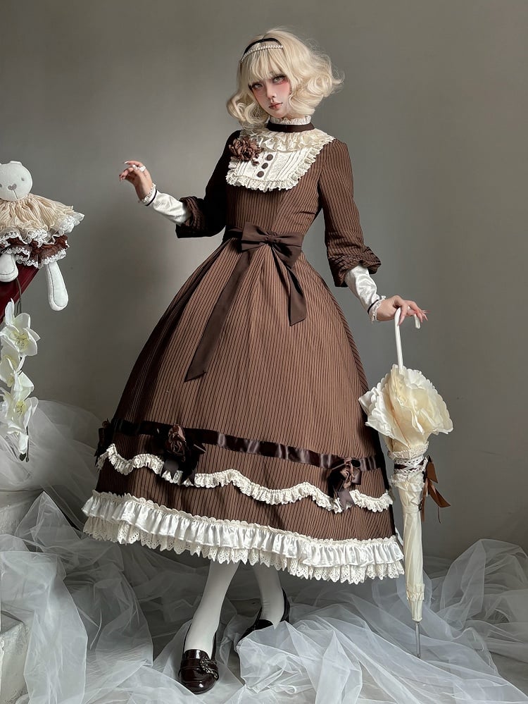 Brown Ruffle Neckline Lolita Dress with Waist Belt - MUYU