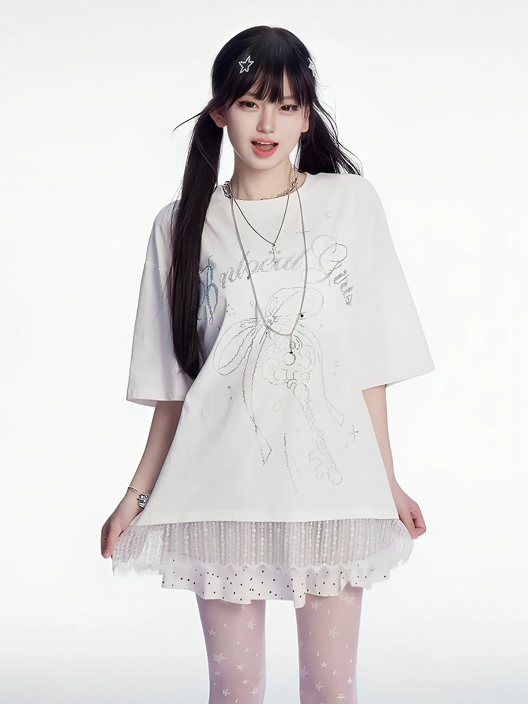 T-shirt Key Rhinestones Bowknot and Lace Trim White Round Neck