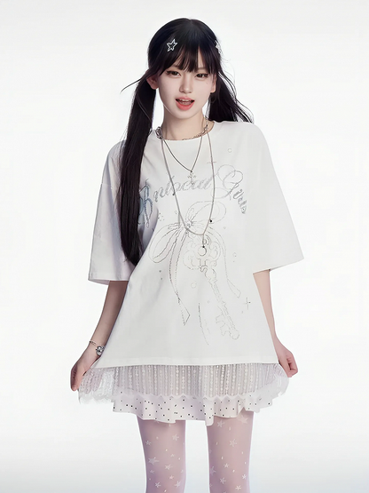 T-shirt Key Rhinestones Bowknot and Lace Trim White Round Neck