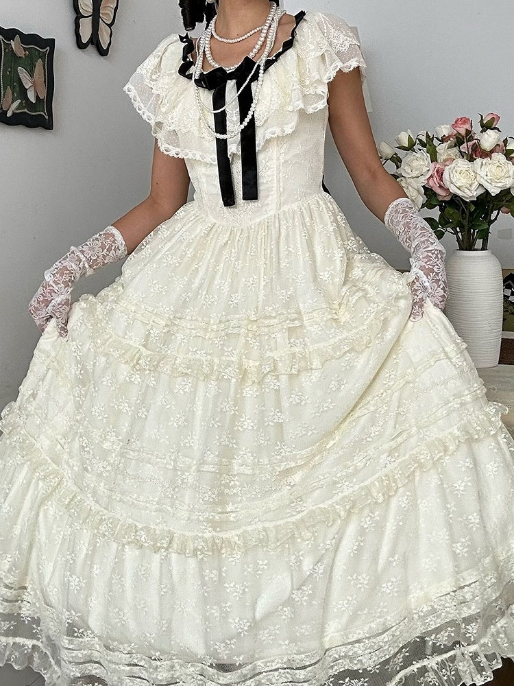 Elegant Classic Beige & Black Lolita Long JSK Gown with Butterfly Bow and Layered Skirt - Miss Cube Dressworks