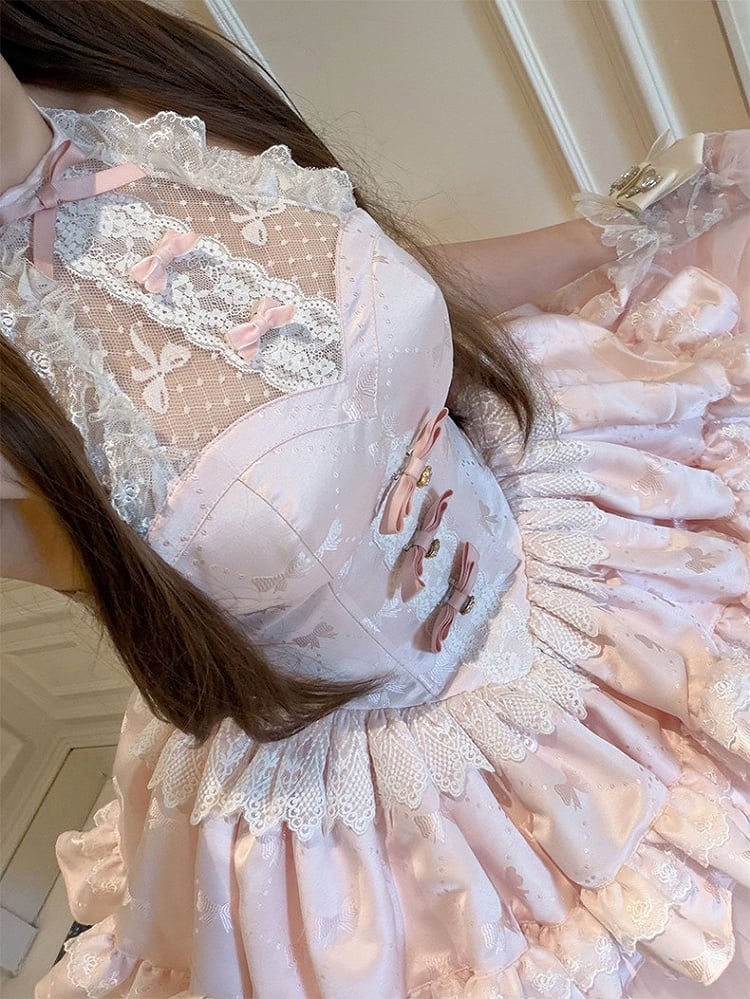 Pink Bow Halter Neck Prom Dress with Tiered Tulle - Diamond Honey