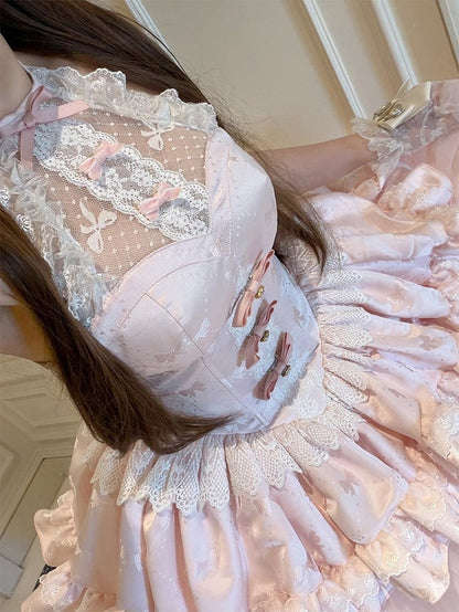 Pink Bow Halter Neck Prom Dress with Tiered Tulle - Diamond Honey