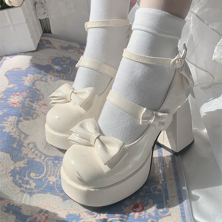 Apricot Bowknot Platform High Block Heels Lolita Shoes