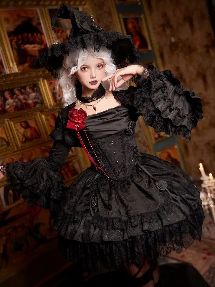Lagenrock mit Kordelzug Schwarz Vampir Detail Lolita Gothic