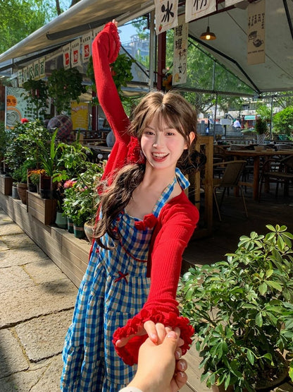 Blaues Allover-Neckholder-Kleid mit Blumendruck und kariertem Halsausschnitt, süß