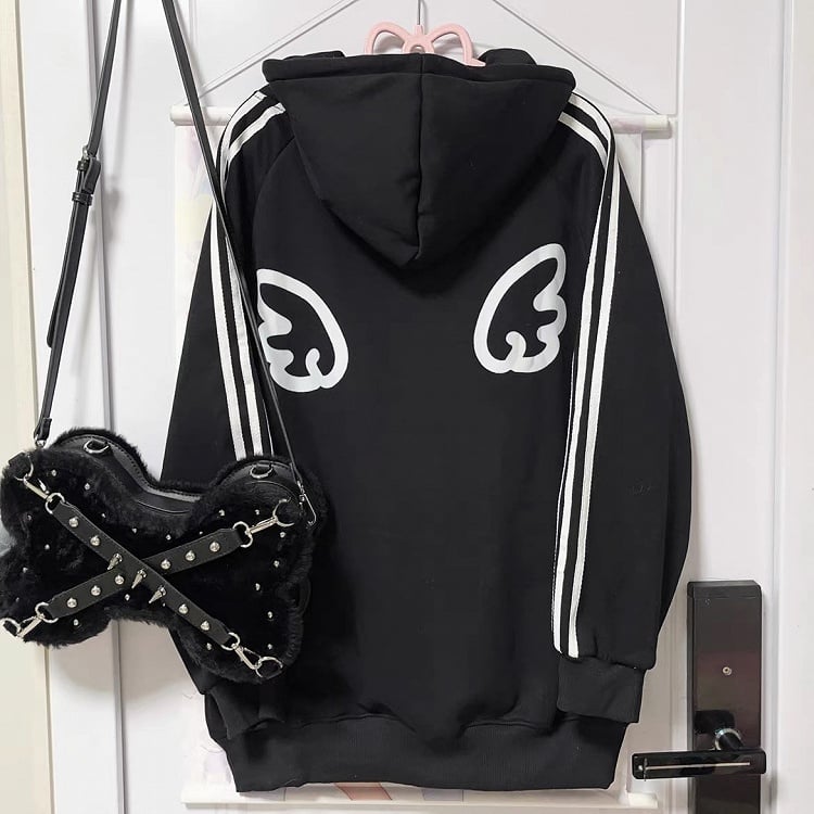 Black Bunny Print on with Angel Hoodie Sleeves Pattern Stripe
