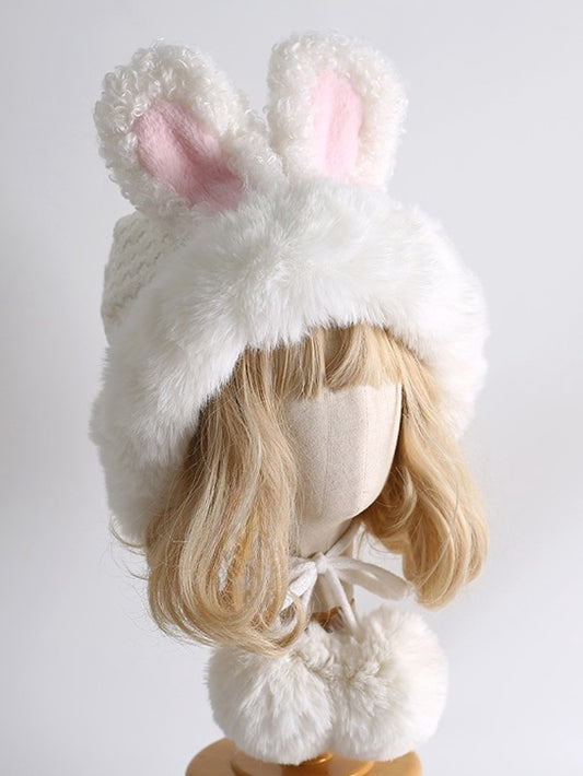 White Sweet Lolita Bunny Ears Plush Hat With Pompons