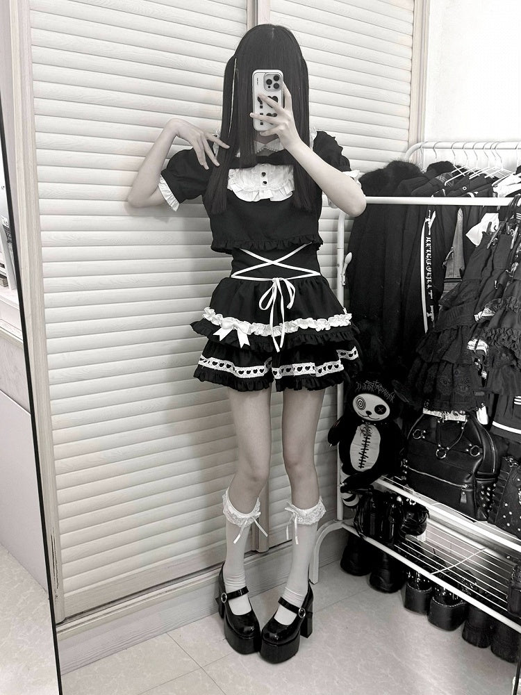 Black & White Peter Pan Collar Top + Tiered Skirt Set - Bug Starting