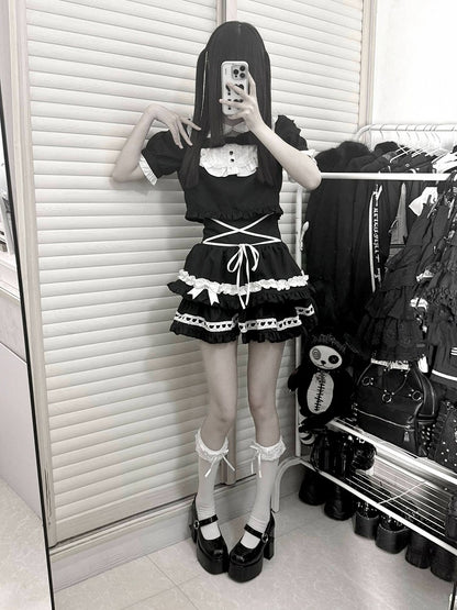 Black & White Peter Pan Collar Top + Tiered Skirt Set - Bug Starting