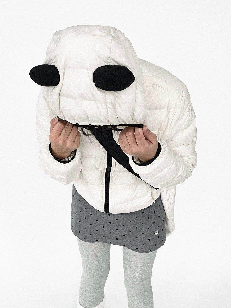White Jacket Zipper Panda Ear with Decor Hood - Ribbed Daily Kawaii Down Front Hooded