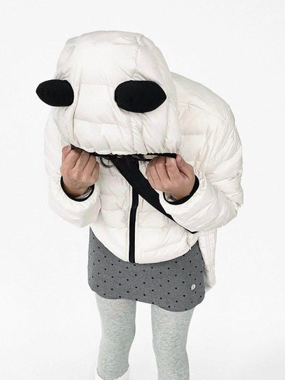 White Jacket Zipper Panda Ear with Decor Hood - Ribbed Daily Kawaii Down Front Hooded