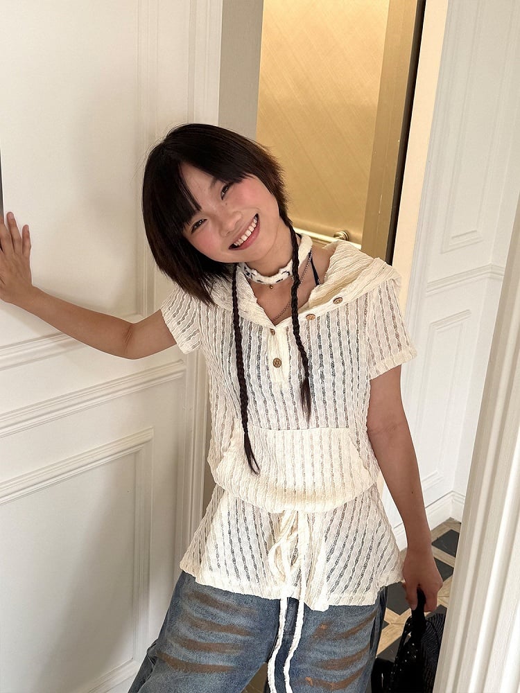 with Hoodie Kawaii Beige Devil Horn Drawstring Short Sleeve Waist