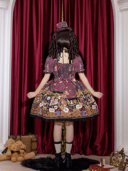 Print Puff Lace Lolita Trim Sleeves Dress Red and Black Bear Sweet Plaid with