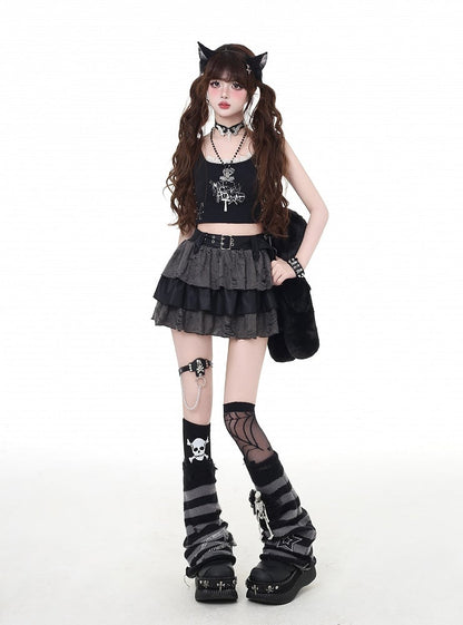 Tiered Skirt Gray Distressed Holes Lined