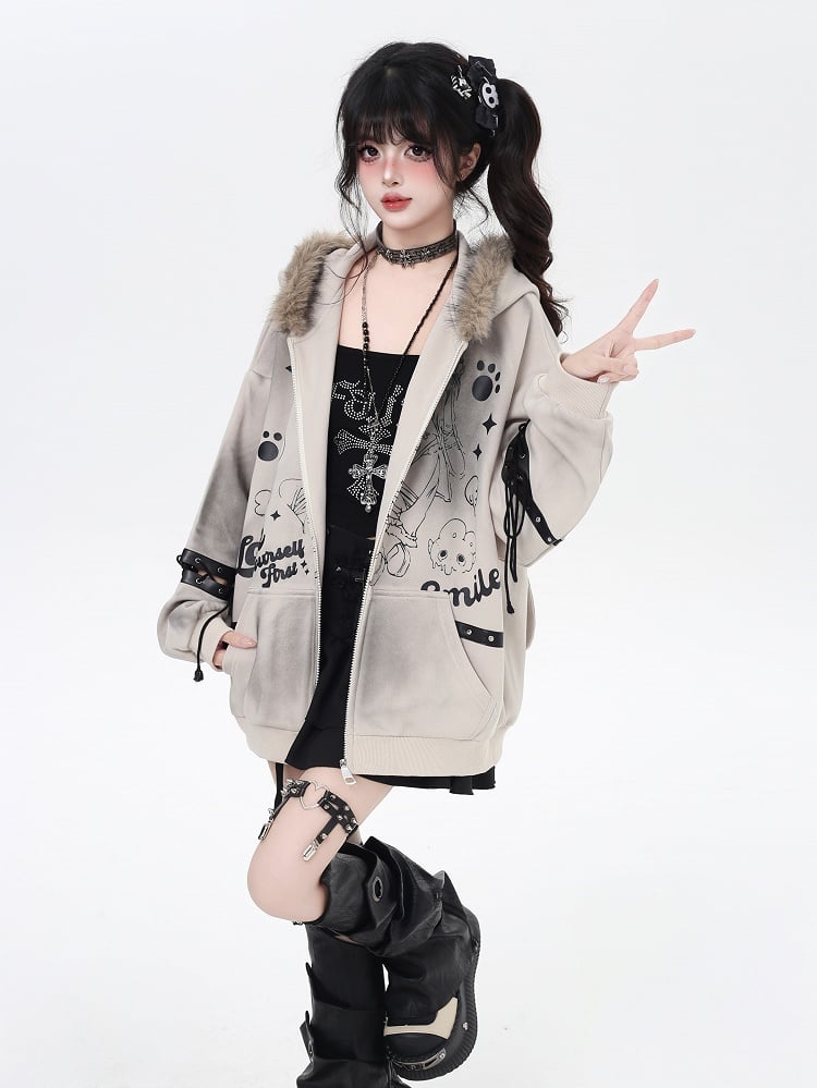 Collar Fur Punk Faux Detail with Lace-Up Coat Khaki/Black Loose