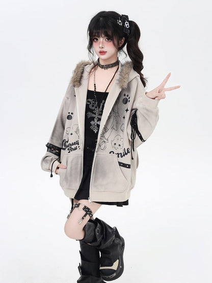 Collar Fur Punk Faux Detail with Lace-Up Coat Khaki/Black Loose