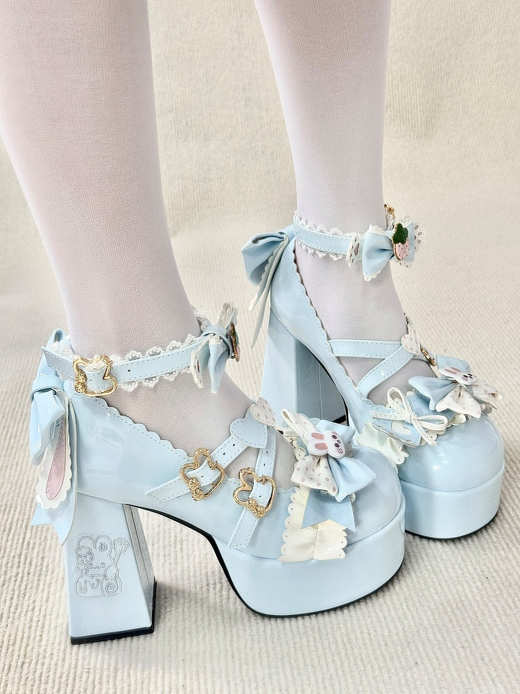 High-heel Bunny Decor Jane Bows with Mary Bunny/Strawberry Fastener Shoes Blue Light Sweet Lolita