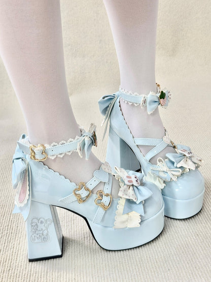 High-heel Bunny Decor Jane Bows with Mary Bunny/Strawberry Fastener Shoes Blue Light Sweet Lolita