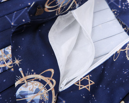 Navy Blue Celestial Globes Print JK Uniform Pleated Skirt
