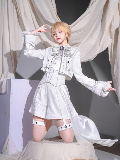 Silver & White Ouji Military Lolita Jacquard Cropped Coat with Embroidered Cuffs - Unknown Star
