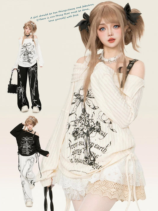 White/Beige/Black Cross Off-Shoulder Top Drawstrings at Side