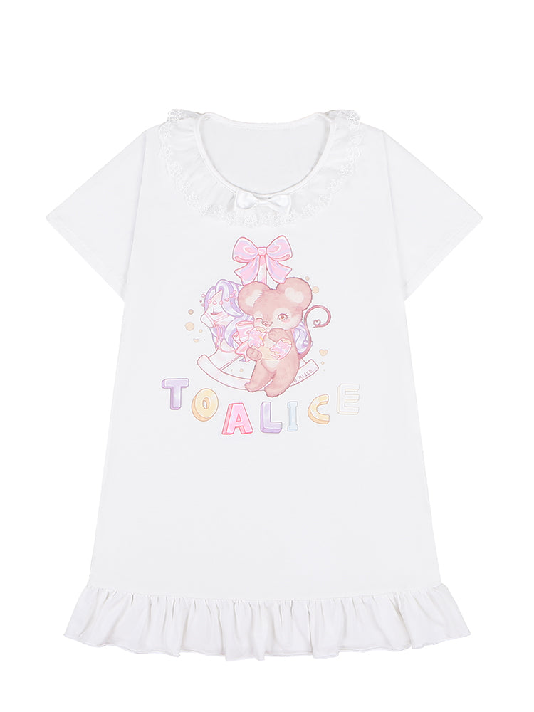 ホワイト/ピンクバージョントリム愛らしいレースロングプリントTシャツマウス