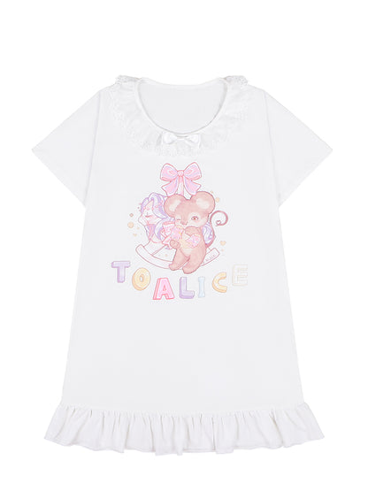 ホワイト/ピンクバージョントリム愛らしいレースロングプリントTシャツマウス