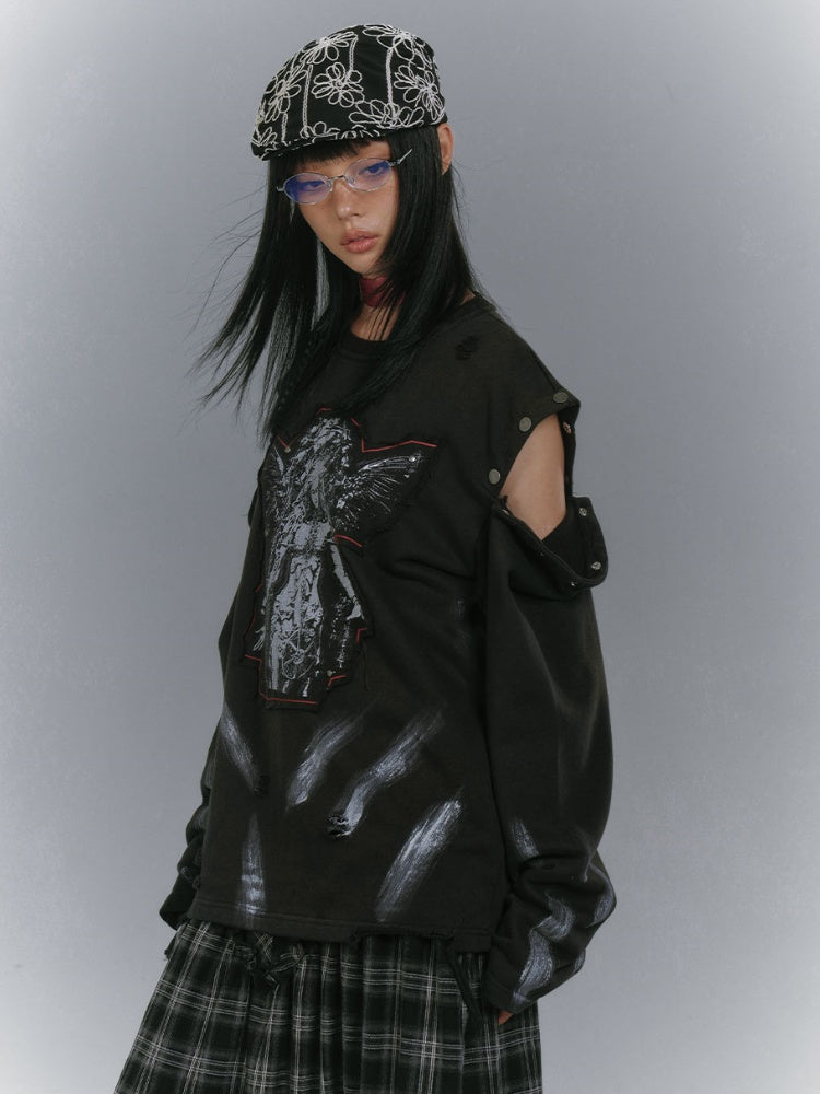 ダメージ加工スウェットシャツデザイン ブラックカットアウトショルダー フェードウォッシュアップリケ