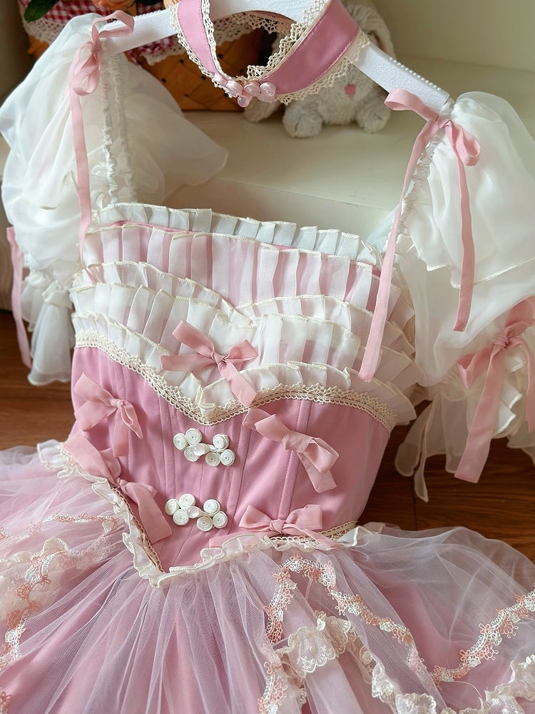 Rosa Blumenfee Basken-Taille Bowknots Dekoration Hanayome Lolita OP / Komplettset