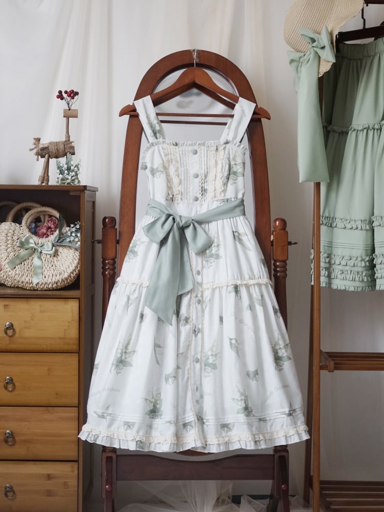 Lily of the Valley Print Light Green Summer Floral Dress Natural Kei Lolita Jumper Skirt