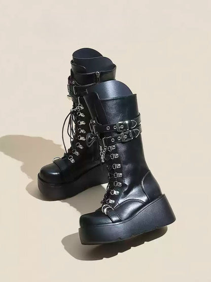 Studded with Boots Back Zip Gothic Mid-Calf Black Platform Buckle Strap Closure Sole -