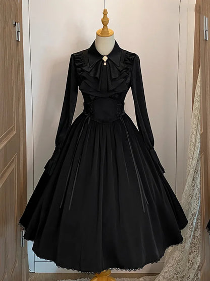 Flat Long Pointed Collar Sleeves Shirt Jabot Fabric Black Striped