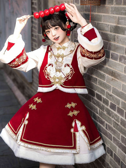 赤い新年の結び目ボタンのバンドカラーのロリータドレスベストタッセルクロスボディバッグフルセット