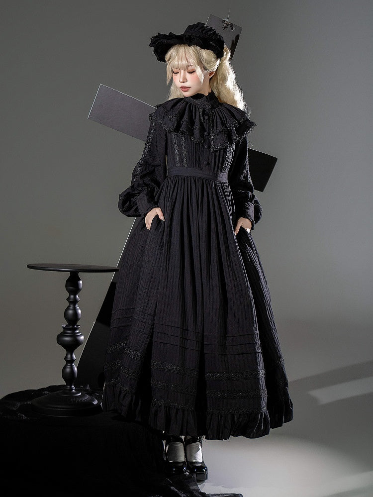 Lolita High Collar Sleeves Gothic Black Dress + Waist Long Kuro