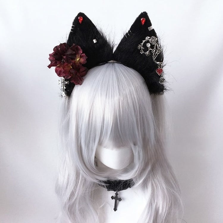 Charm Gothic Wolf Cross Ear Fur Faux KC Rosette With