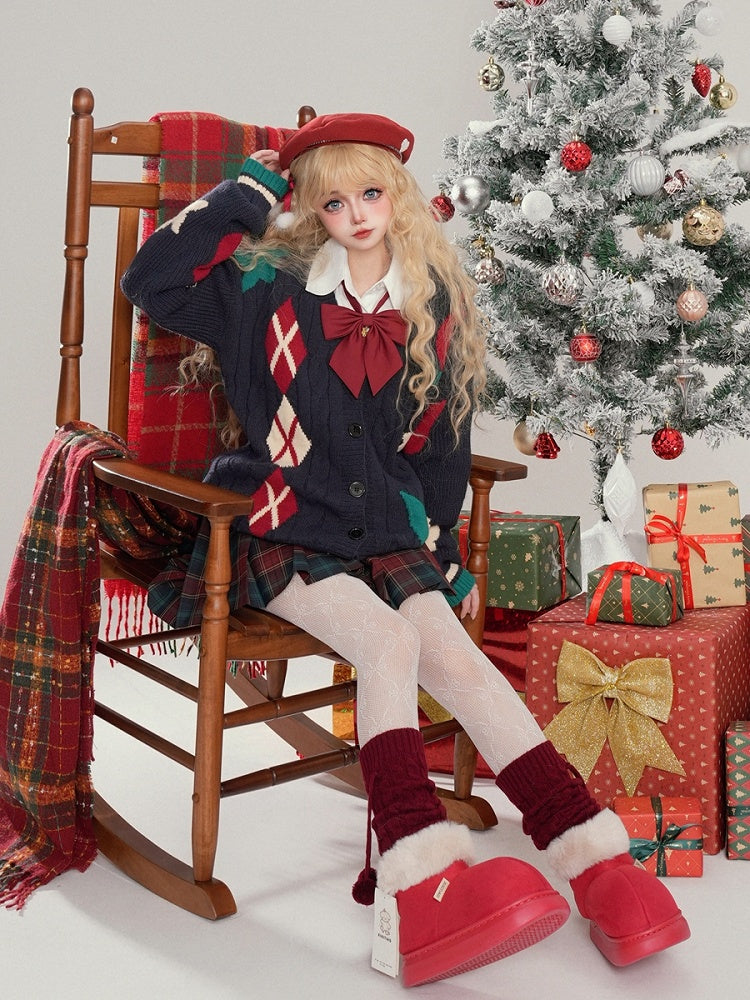 Christmas Milk White/Navy Blue Diamond Pattern V-neck Cardigan