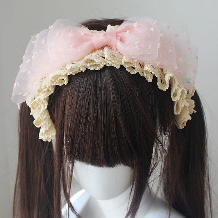 ピンクの大きなリボンと水玉模様のレーストリム ベージュ KC