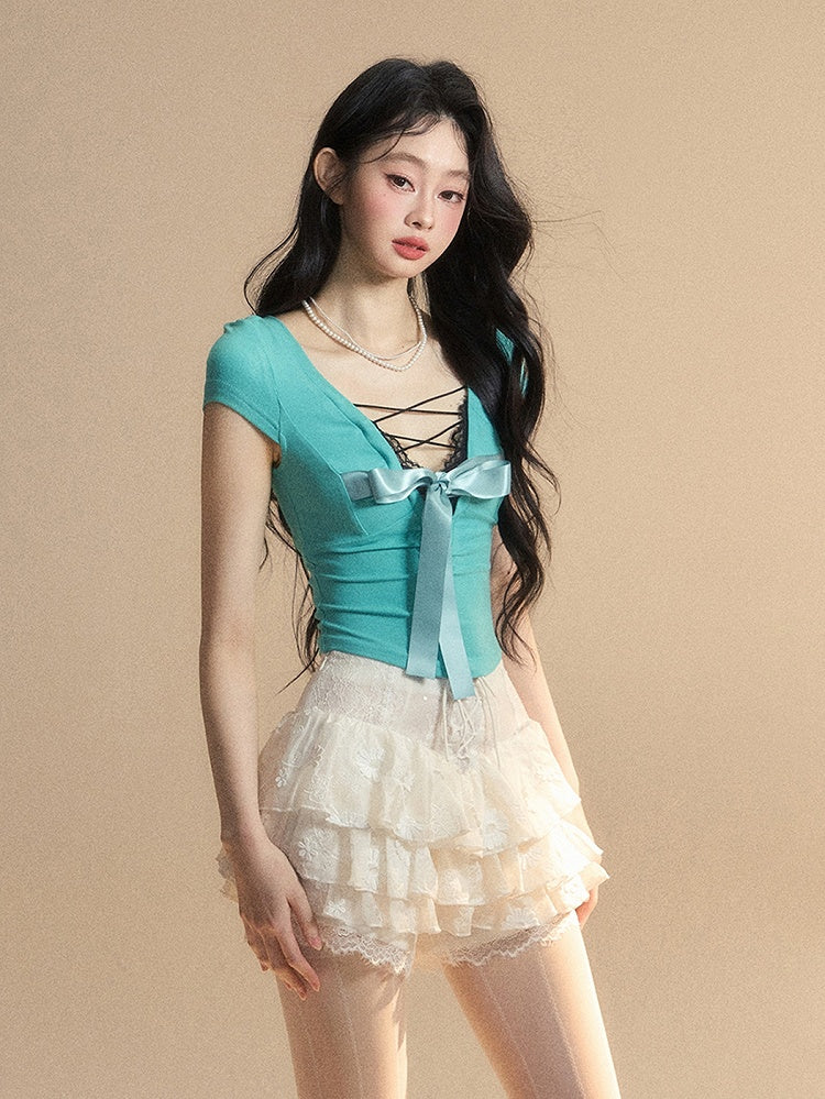 Blue Lace Trim V-Neck Cutout Tiffany Slim-fitting Back T-Shirt Big Bow
