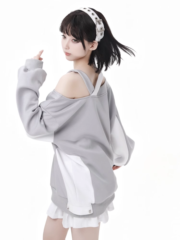 デザインカラーブロック グレー ホワイト アシンメトリーネックライン カットアウトショルダー スプリングスウェットシャツ