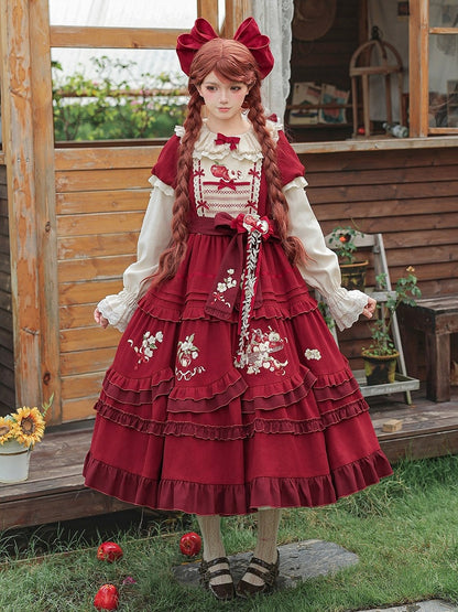 Wine Red Apple Embroidered OP Dress Set with Peter Pan Collar, Long Sleeves, Ruffle Trim, Belt, Brooch & Bow Hairclip - With PUJI